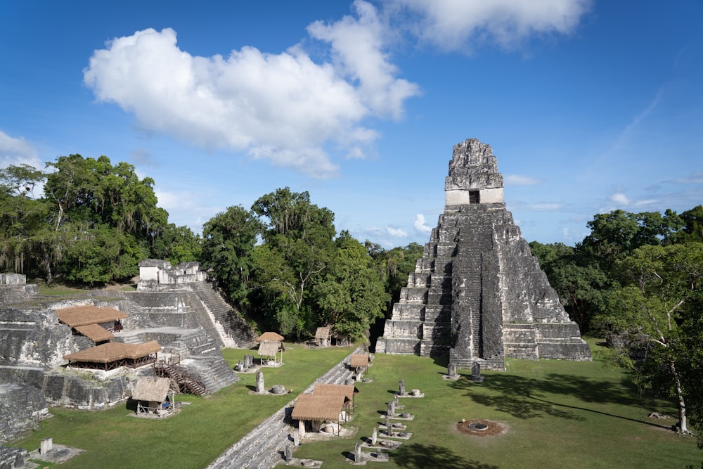 una estructura de piedra con árboles y hierba a su alrededor con Tikal al fondo
