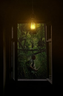 A dimly lit lantern hangs in the foreground, casting a warm glow. Through an open window, a lush jungle scene is visible, dominated by dense greenery and a person exploring the vegetation with a backpack and stick.