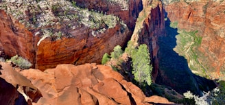 A majestic canyon landscape featuring steep, towering cliffs with red and orange rock formations. Sparse greenery is visible on the cliff edges and floor, highlighted by sunlight casting shadows across the land. A winding trail or path can be seen running alongside the base of the cliffs.