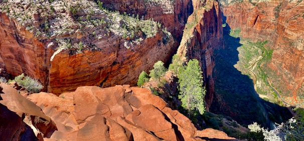 A majestic canyon landscape featuring steep, towering cliffs with red and orange rock formations. Sparse greenery is visible on the cliff edges and floor, highlighted by sunlight casting shadows across the land. A winding trail or path can be seen running alongside the base of the cliffs.