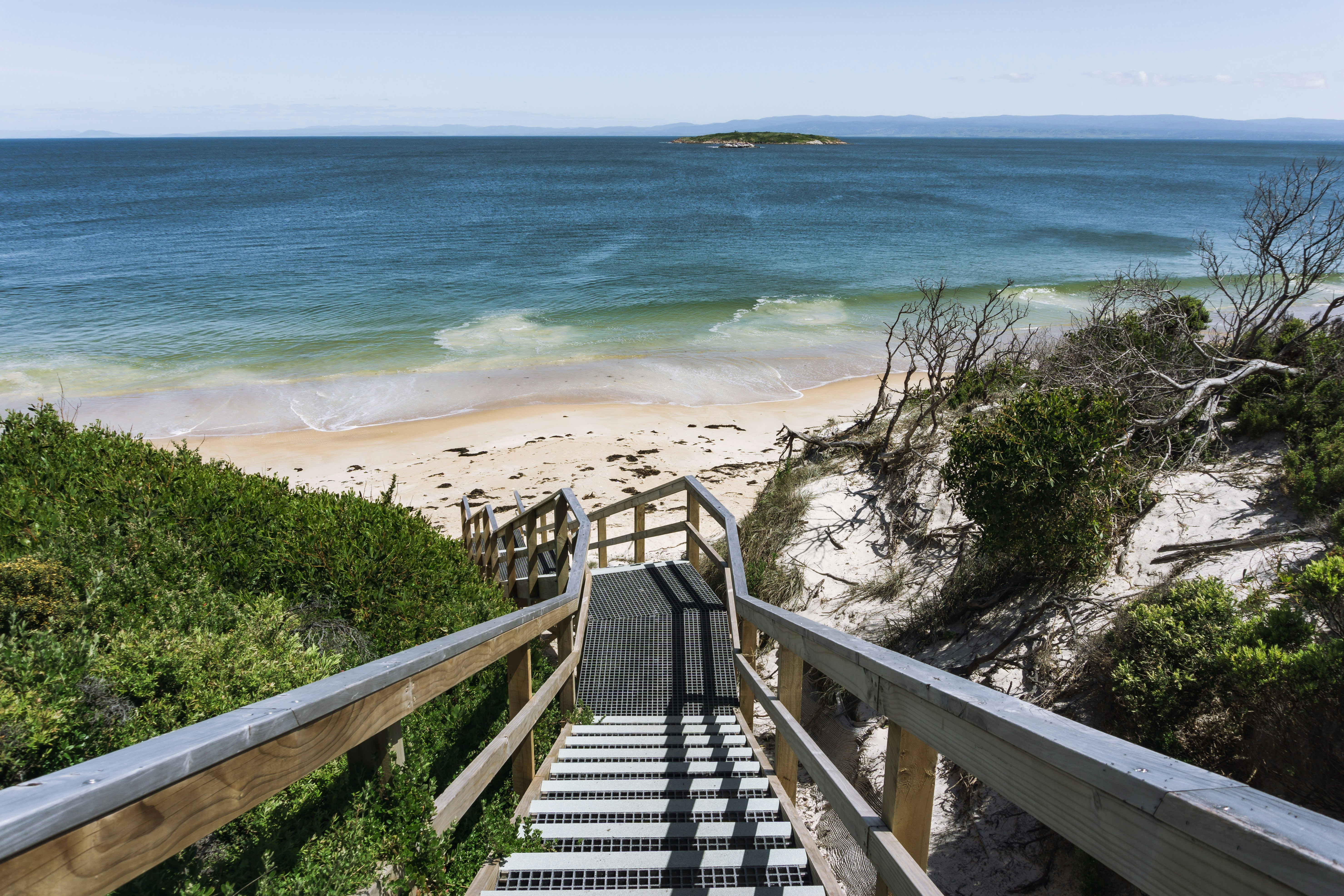 a beach with a railing, After a warm and muddy hike through the coastal thicket, the boardwalk offers a path down to the cool saltwater below.