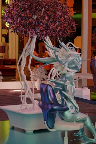 A full-body character design of a whimsical creature blending fantasy and futuristic elements.