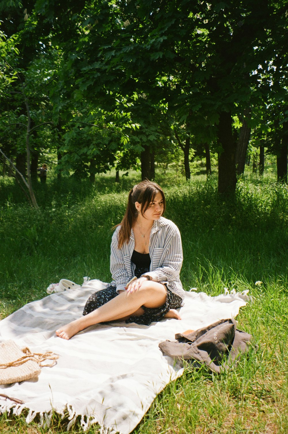 a person sitting on a blanket in a grassy area with trees in the background