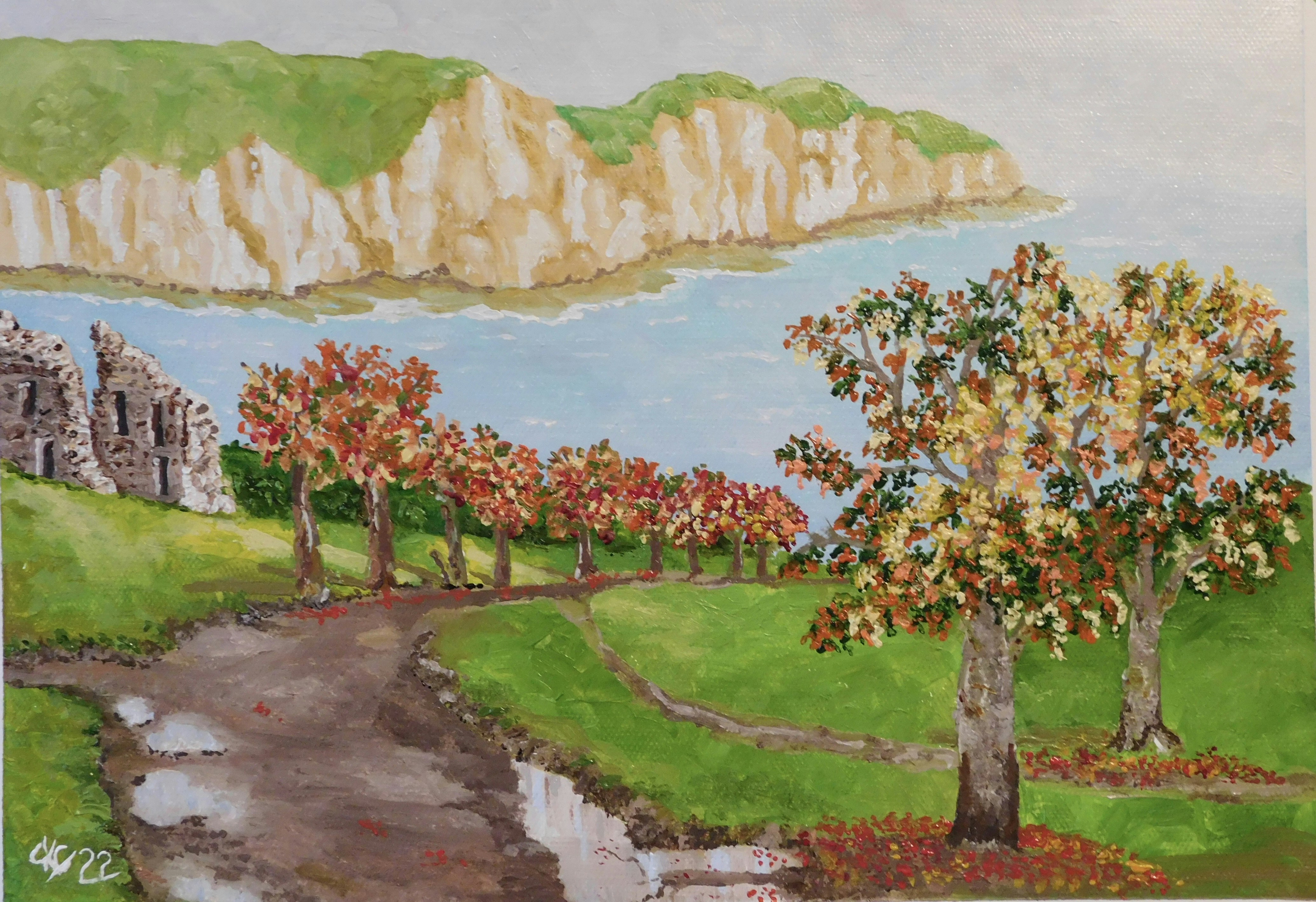 a path with trees and grass by a body of water, An oil painting on canvas A4. The White Cliffs of Dover. Travelling down a road just after it has rained, avoiding the puddles as we walk down to the beach. Imagine spitfires and hurricane fighters flying over these iconic British cliffs. Heart lifting sights and sounds and smells evoking heady memories of the First World War. All gone now, almost a hundred years ago. But never forgotten.