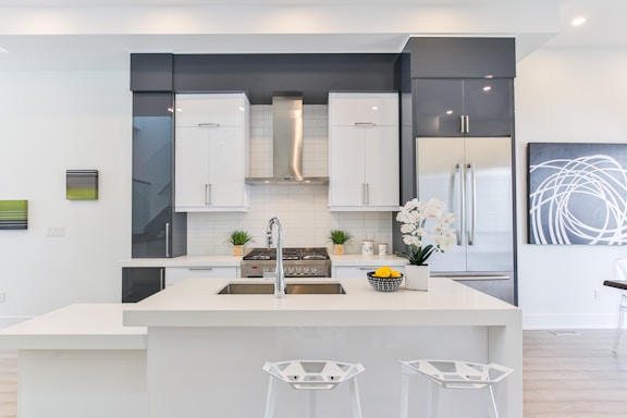 a kitchen with white cabinets