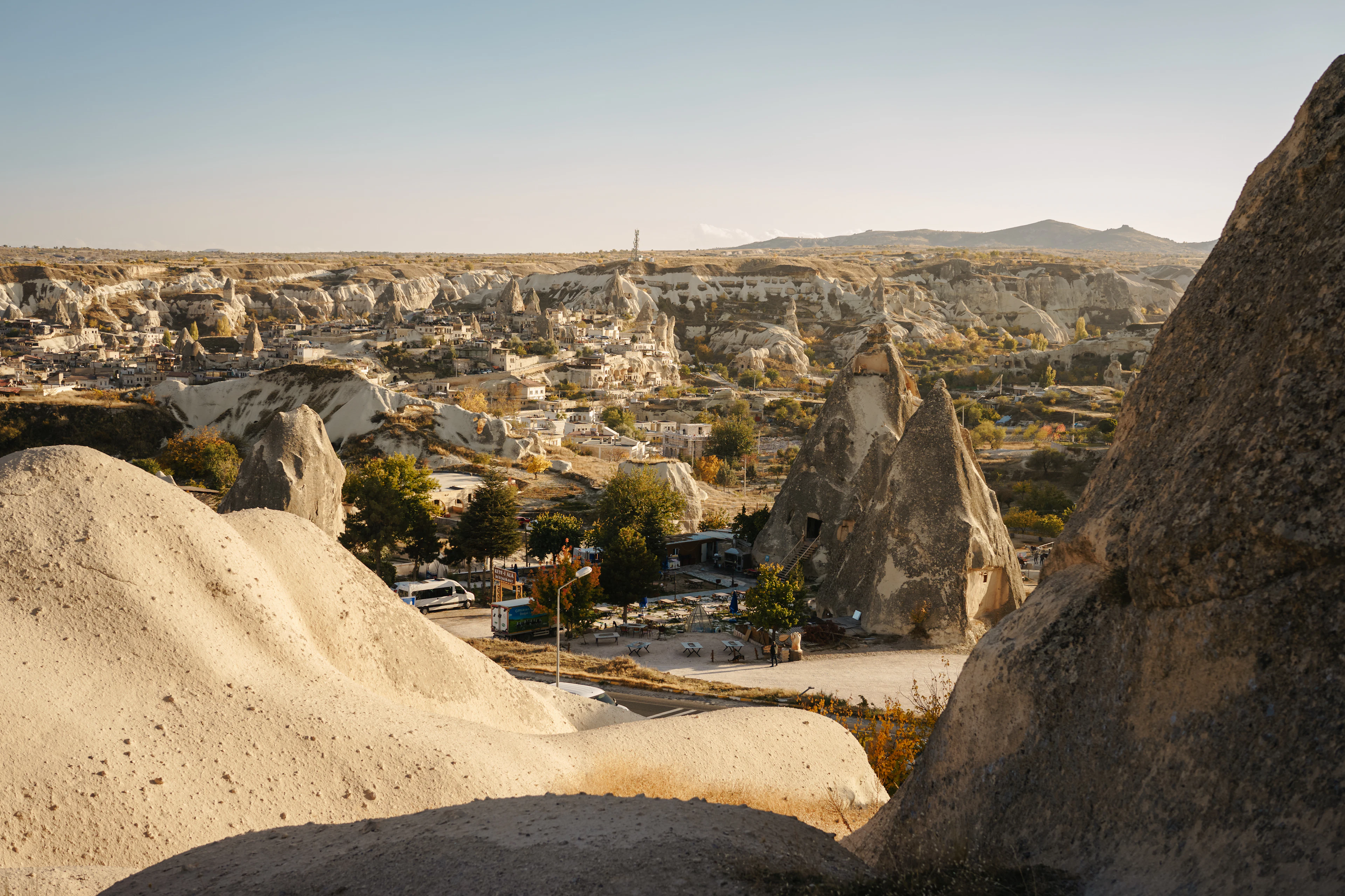 Tuff cones and the town of Göreme in late autumn light, Cappadocia