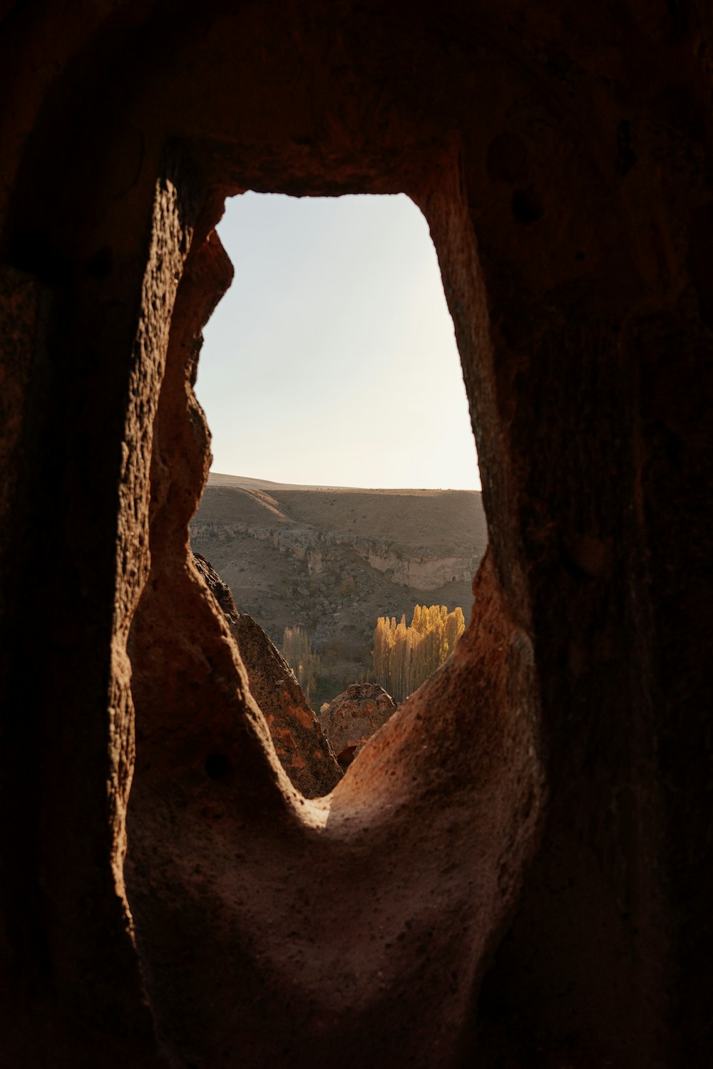 uma vista de um cânion de dentro de uma caverna