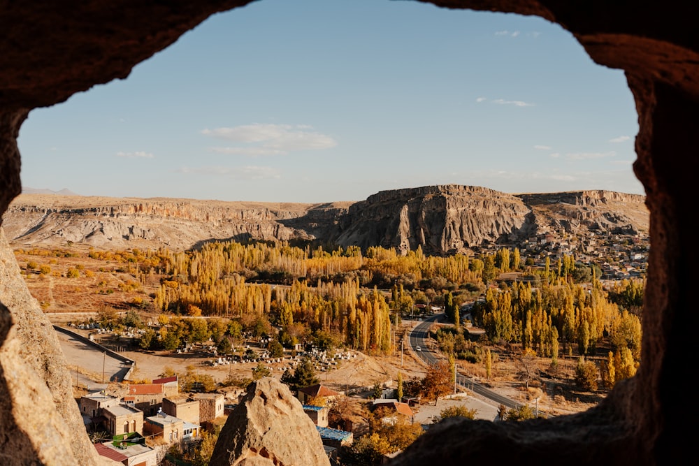 a view of a town and mountains