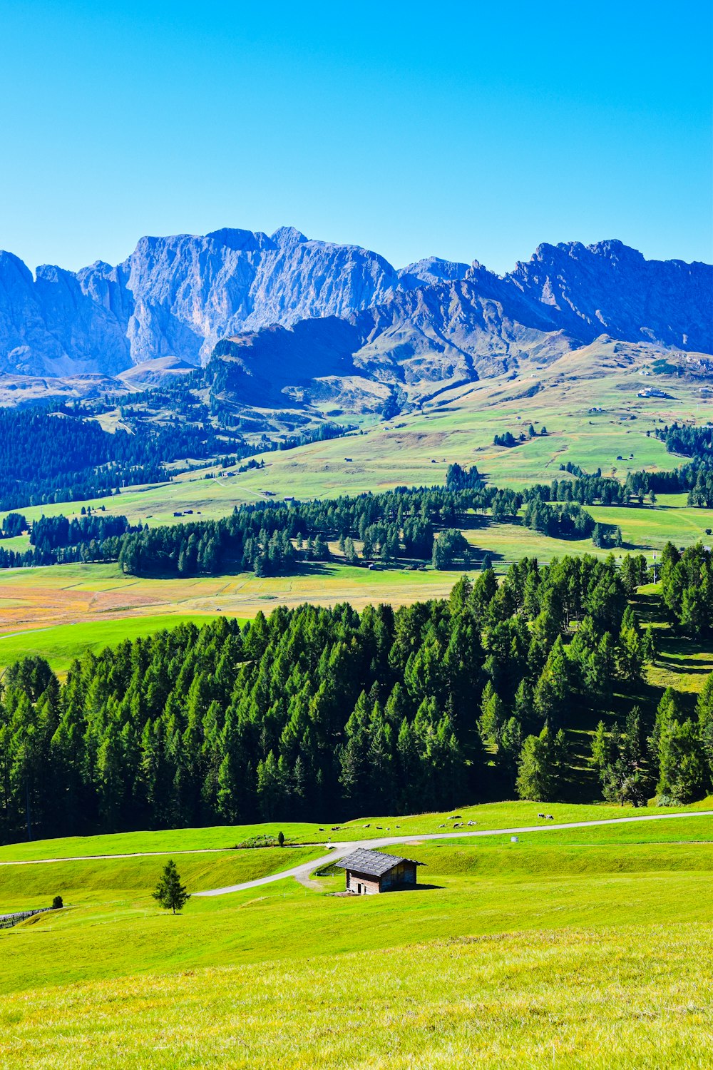 a house in a valley with trees and mountains in the background