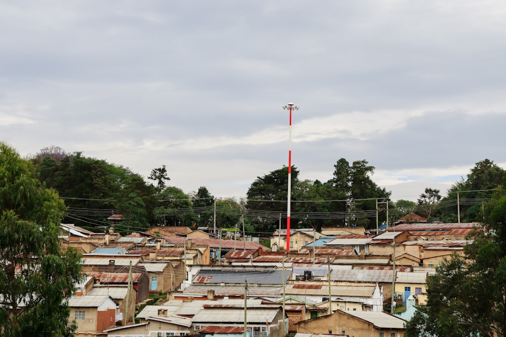 a group of houses with a flag on top