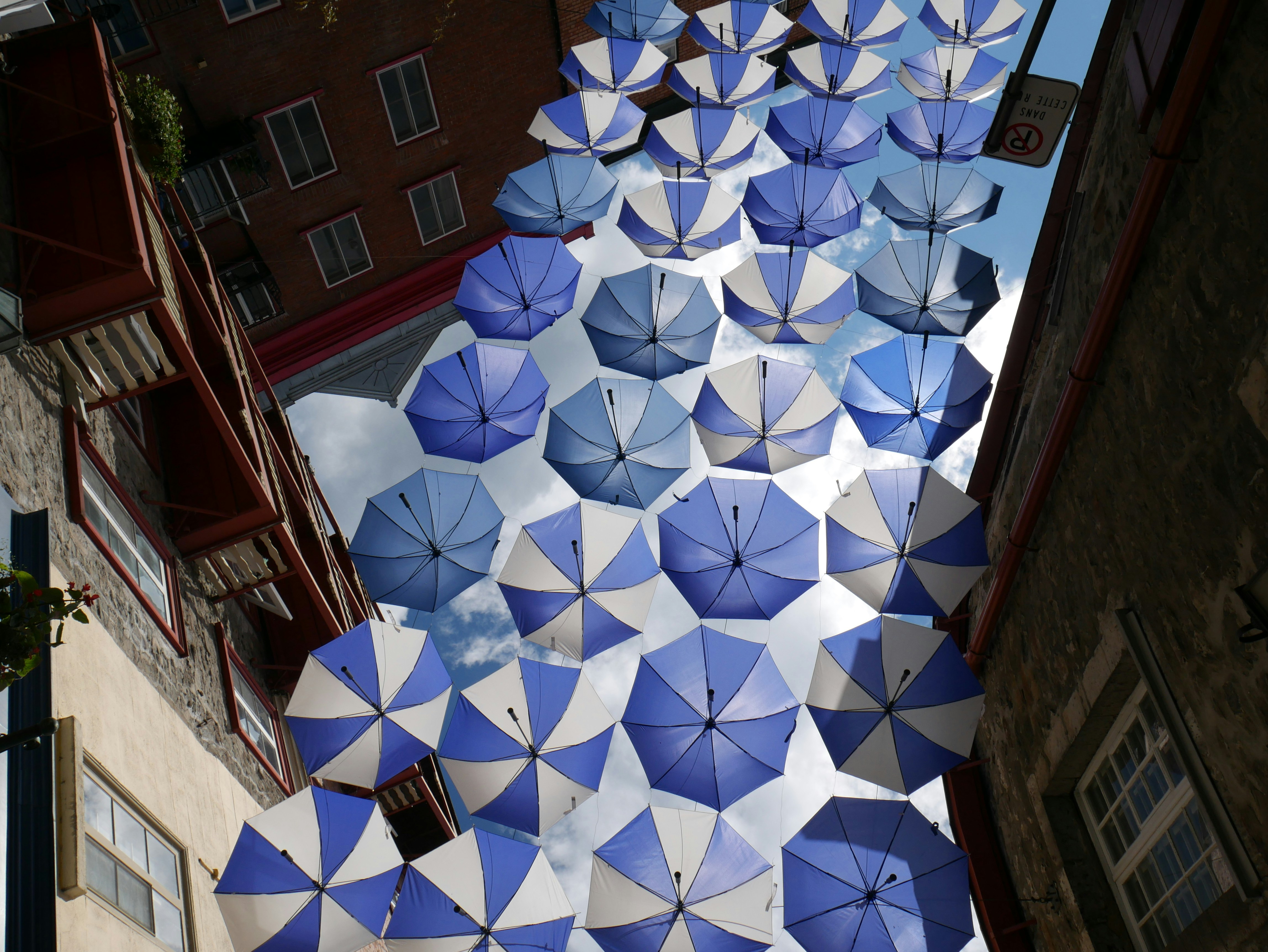 a building with a large blue and white design on it