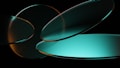 A digital artwork featuring overlapping, elliptical shapes with a glossy finish. The shapes are predominantly turquoise and orange, set against a dark background, creating a sense of depth and fluidity.