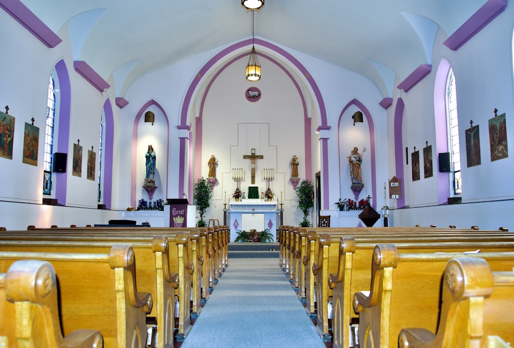 a church with a blue carpet