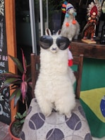 A plush llama wearing oversized black sunglasses is sitting on a chair with a patterned cushion. The llama has white fur and is adorned with colorful accessories. In the background, there are another plush toy wearing a colorful hat and a decorative figure. A Brazilian flag is partially visible, and there's a potted plant beside a blackboard.