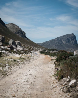A dusty path leads through rocky, mountainous terrain at Reubens Choice Karoo.