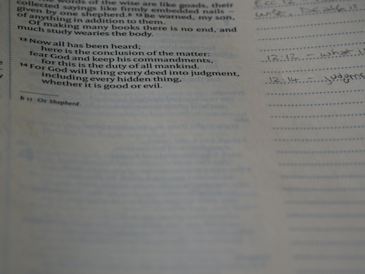 Text from a book is visible on the left side, including biblical references with verses printed in a formatted style. On the right side, there are handwritten notes and lined spaces for writing.