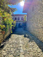 Sunlit cobblestone alley in a baroque village filled with colorful flowers.
