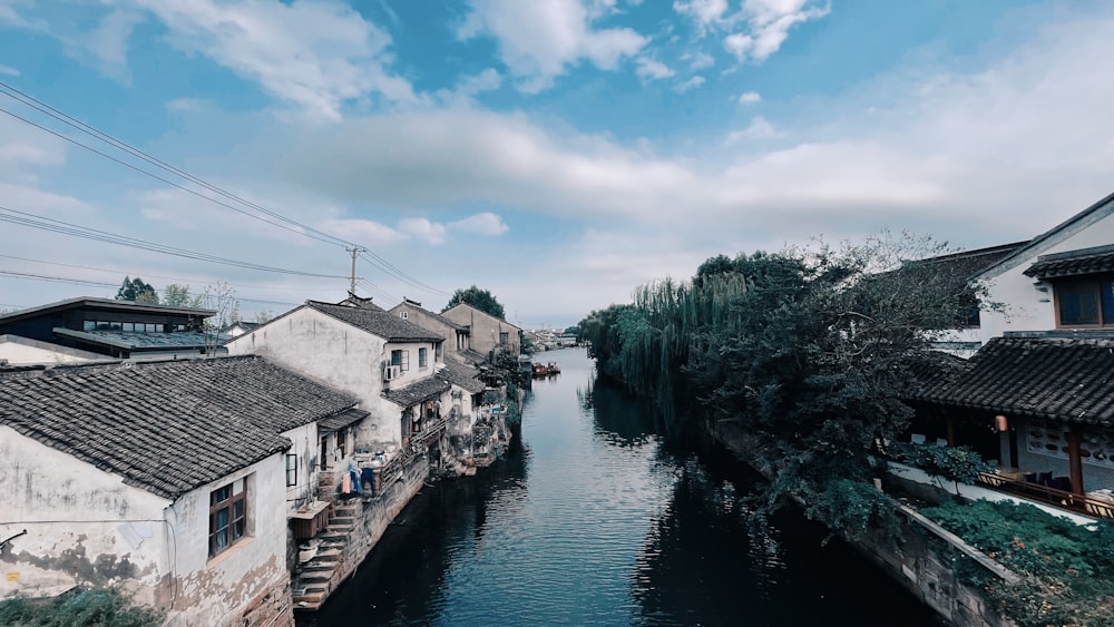 a river with houses along it