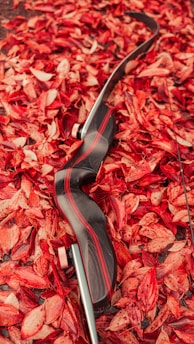 A black and red recurve bow is placed on a bed of vibrant red and orange autumn leaves. The leaves create a contrasting background that makes the bow stand out with its sleek design.