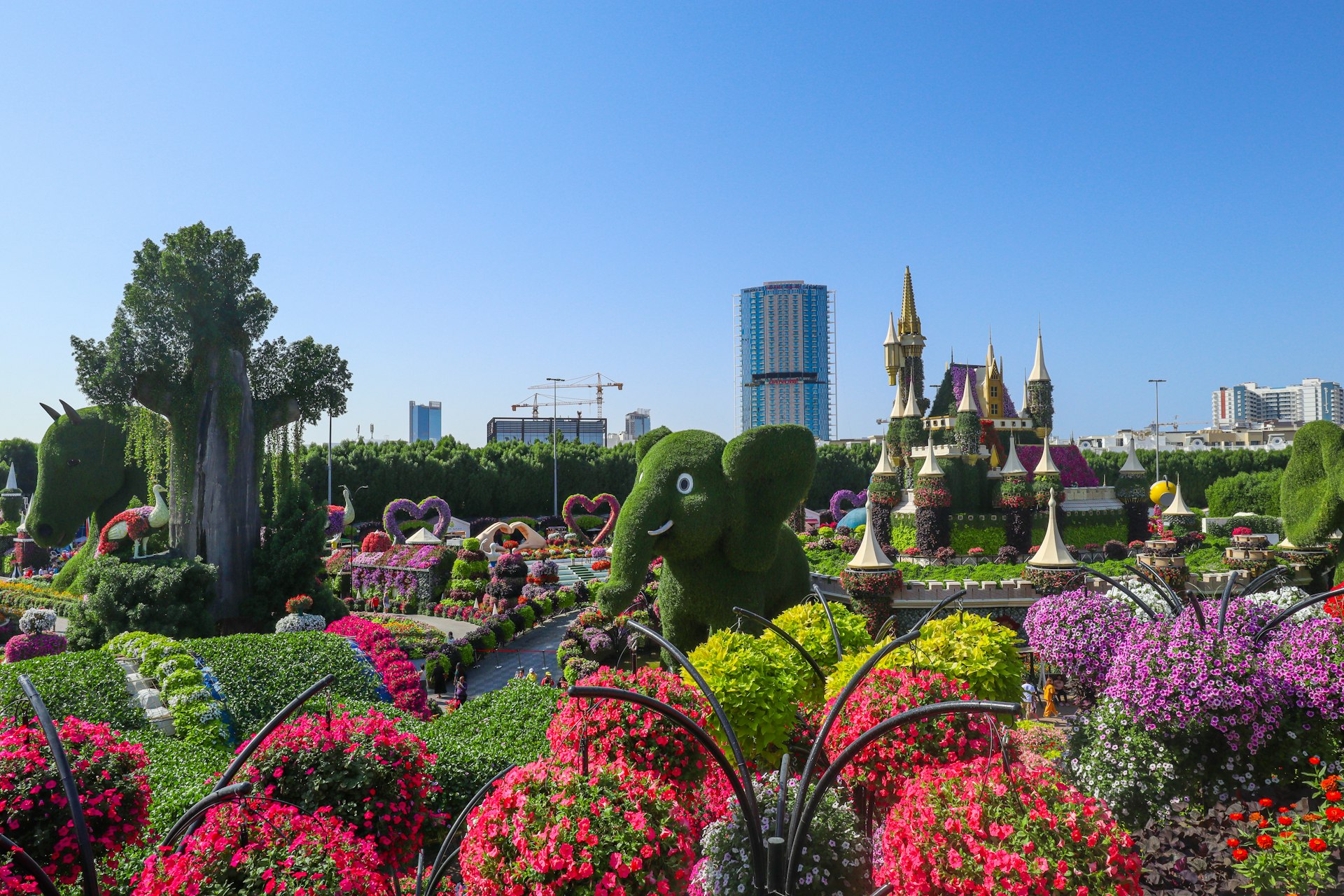 a garden with flowers and a statue