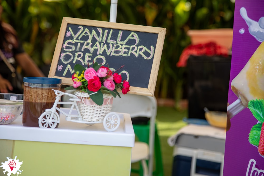 a sign on a table