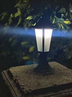 A lantern emits a bright white light, illuminating the surrounding area. It is placed on a stone pedestal with lush green leaves partially covering the top, suggesting a garden or outdoor setting. The ambient background is dimly lit, enhancing the focus on the lantern.