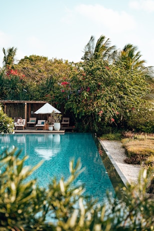 An inviting swimming pool area with loungers and lush greenery surrounding it.