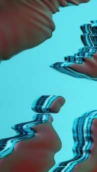 Abstract shapes with wavy ribbons intertwine in a surreal design. The background is a solid light teal color, and the shapes appear to be flowing or melting, featuring striped patterns in black and white.