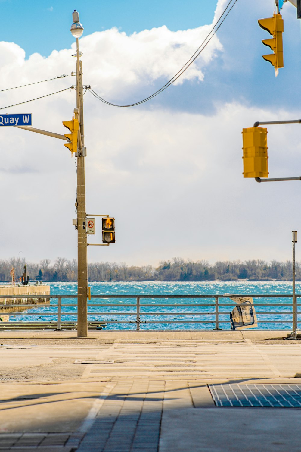 a couple of traffic lights on a sidewalk next to a body of water