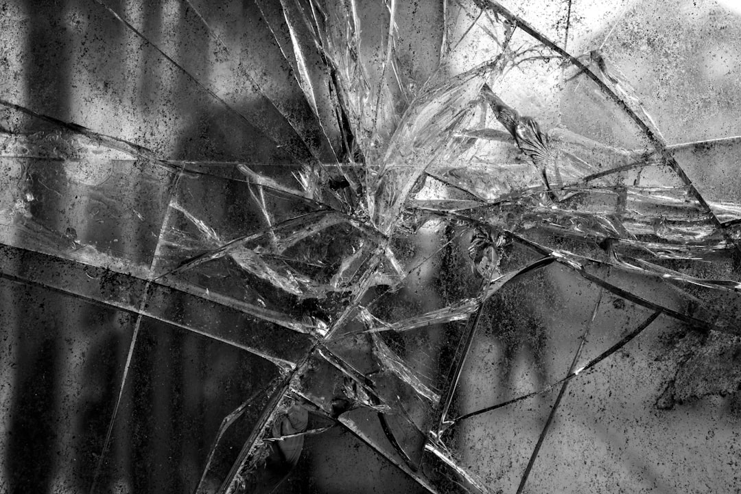 a black and white photo of a tree, cracked windows glass