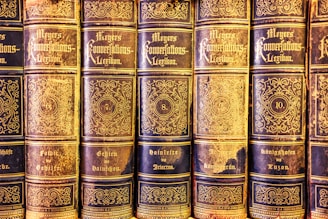A collection of antique books lined up in a row, featuring ornate gold lettering and intricate designs on the spines. The volumes are part of 'Meyers Konversations-Lexikon,' indicated by the decorative script. Each book is numbered, with visible numbering including 6, 7, 8, and 10, and topics covered on the books' spines, such as 'Geheim' and 'Königshofen.' The books exhibit a classic and vintage aesthetic with evident signs of aging and wear.