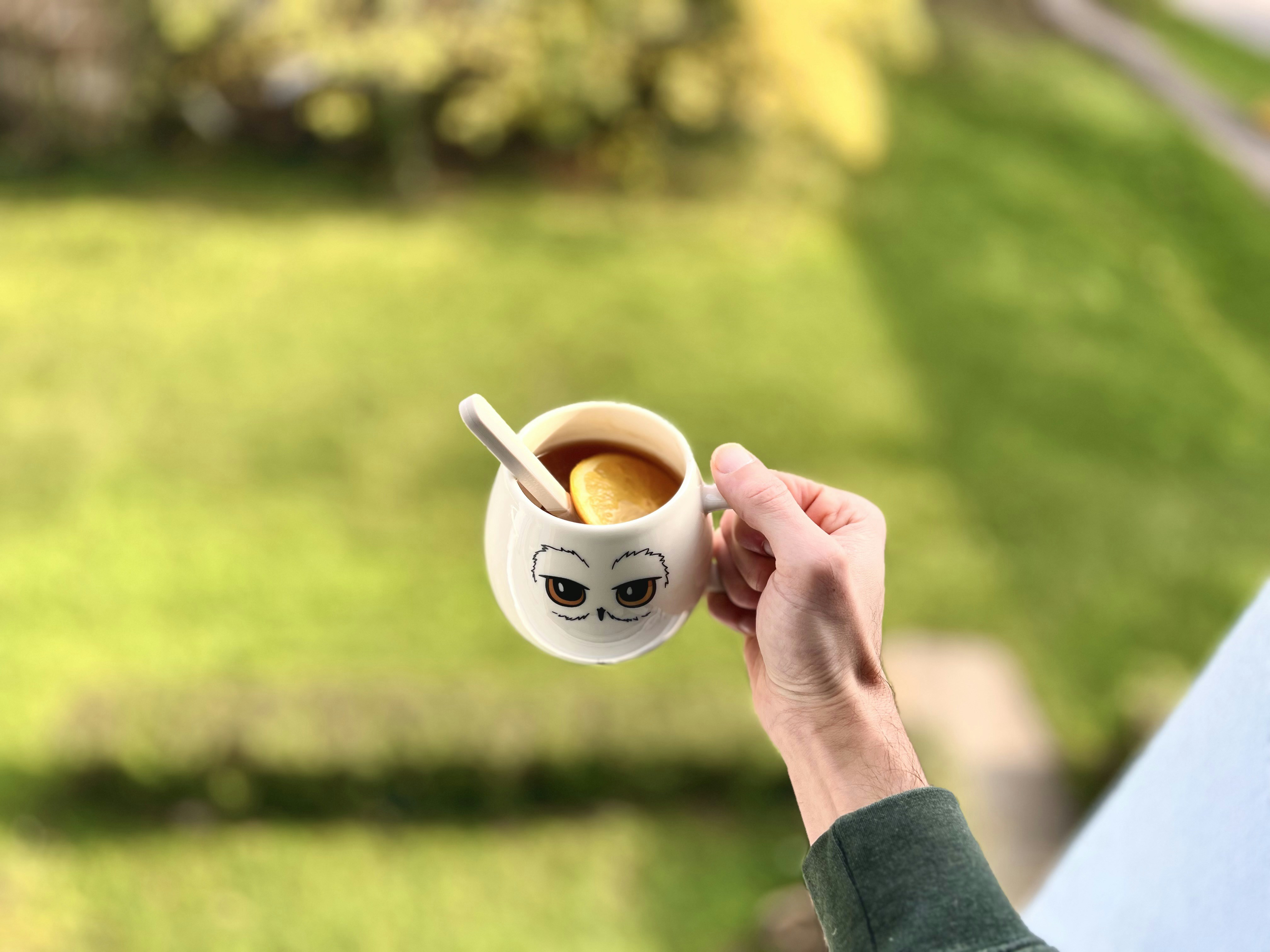 Una mano sosteniendo una taza con un gato de dibujos animados en ella