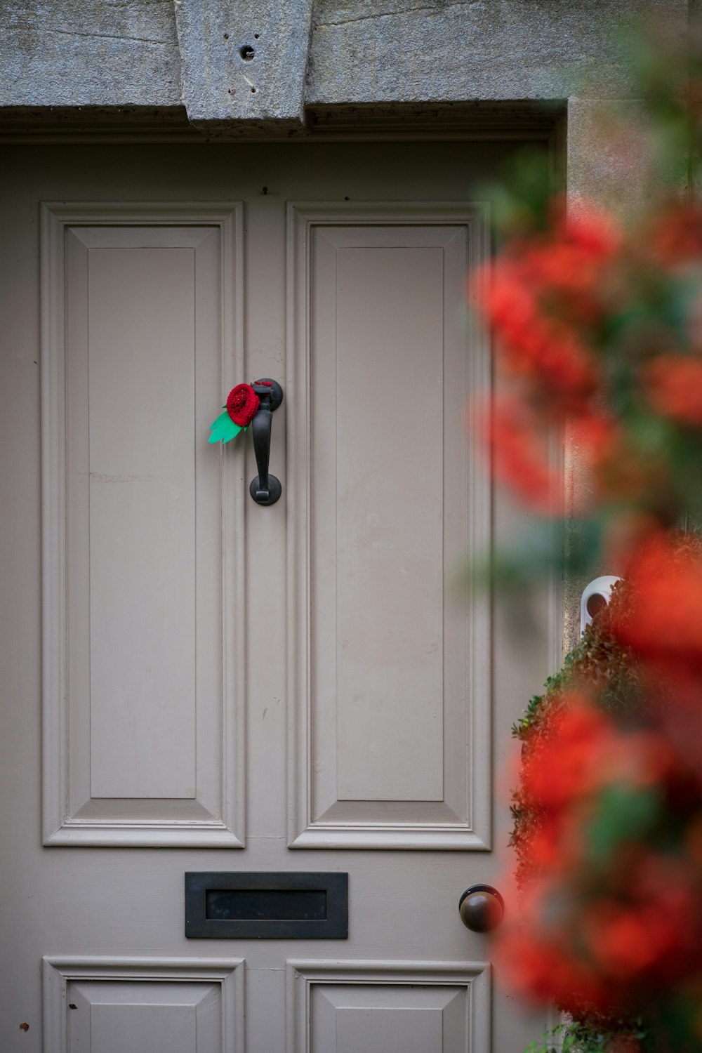 a white door with a red ribbon