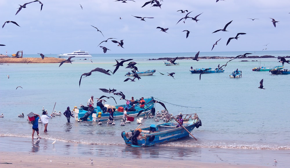 a group of people stand on the beach