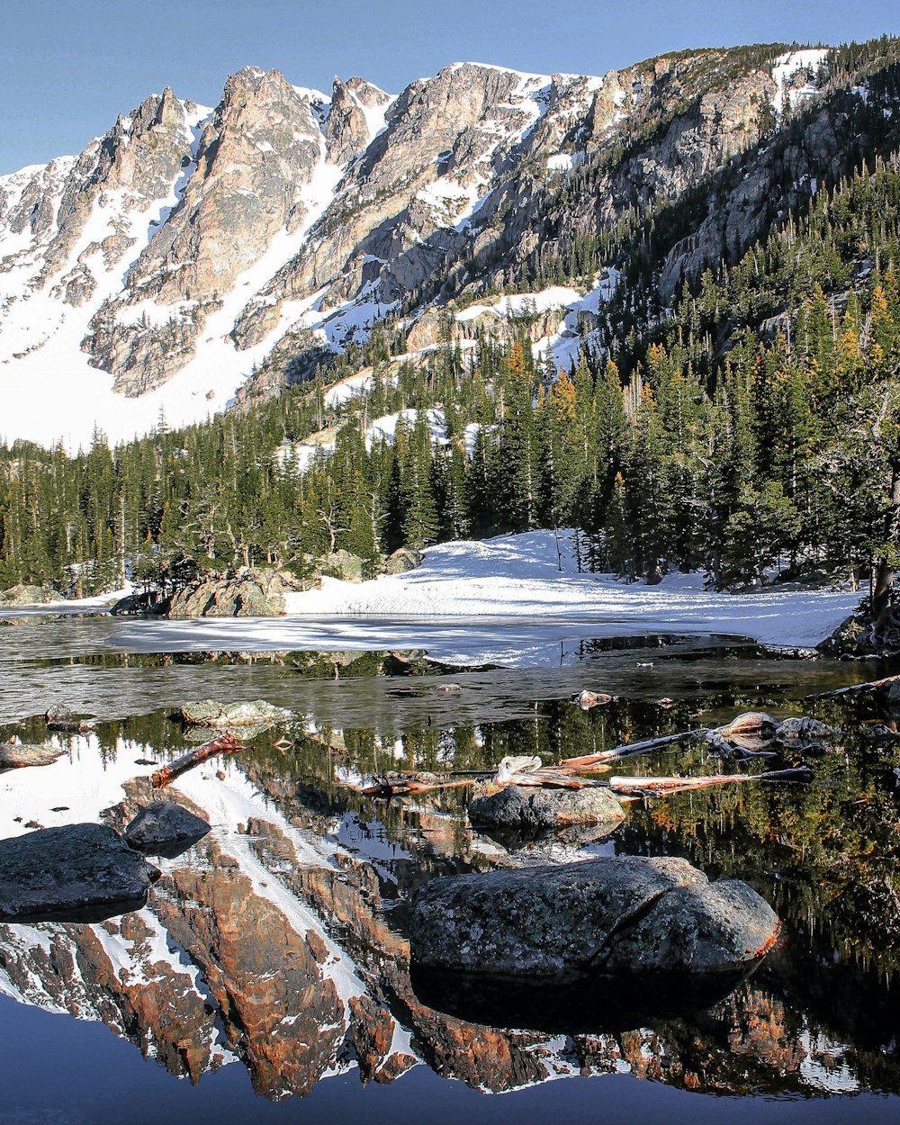 a lake with a mountain in the background