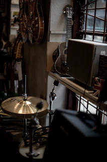 a drum set in a room