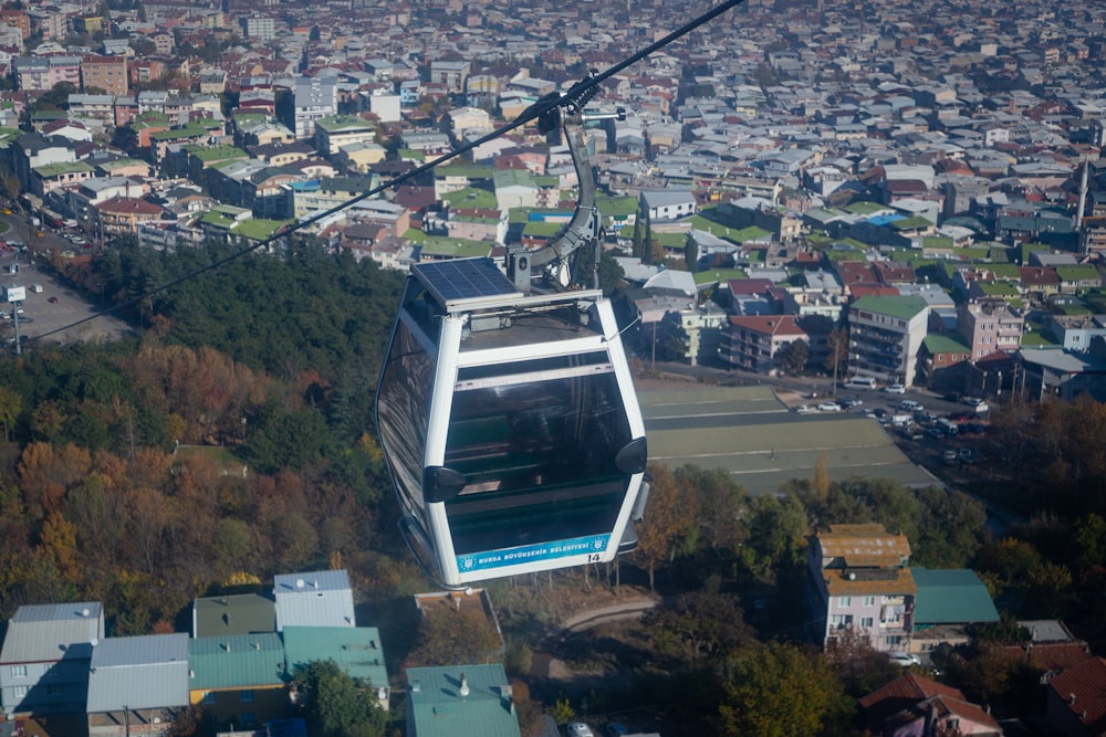 a cable car above a city
