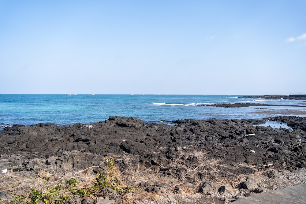 a rocky beach with a body of water in the background