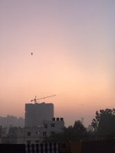A skyline during sunset with a clear gradient from pink to purple in the sky, featuring a silhouetted construction site with a tall crane and several buildings. A lone bird is flying in the sky, and there is greenery visible on the right side of the image.
