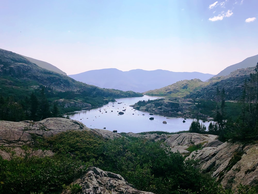 a lake surrounded by mountains