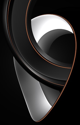 A sleek, abstract design featuring smooth, curved lines with a glossy finish. The composition includes high-contrast sections in black and white, accented with thin, orange borders. The shapes create an enigmatic and modern visual impression.