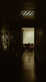 The officer alone in his office, red neon light casting a harsh glow over scattered files and a half-empty whiskey glass.