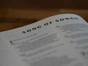 A close-up view of an open book page, prominently featuring the title 'Song of Songs' in bold text at the top. The rest of the page contains smaller, blurred text, with some headings and numbers visible.