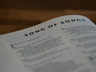 A close-up view of an open book page, prominently featuring the title 'Song of Songs' in bold text at the top. The rest of the page contains smaller, blurred text, with some headings and numbers visible.
