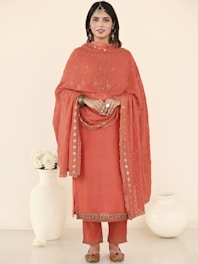 a woman in a red dress