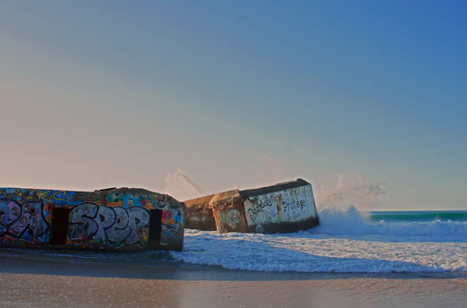 a beach with graffiti