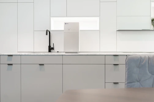 Modern kitchen with LG Optima water purifier next to a bright window.