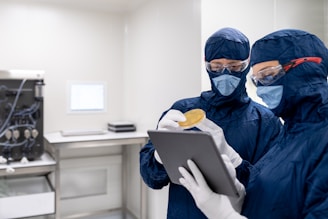 a person wearing a mask and holding a tablet