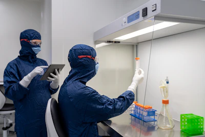 a couple of people in surgical scrubs and masks in a room