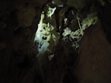 A dimly lit cave interior with rocky walls and jagged formations. A beam of light highlights parts of the rough, textured surfaces, revealing subtle shades of green and brown. The atmosphere is mysterious and almost ancient, with shadows filling the deeper recesses.